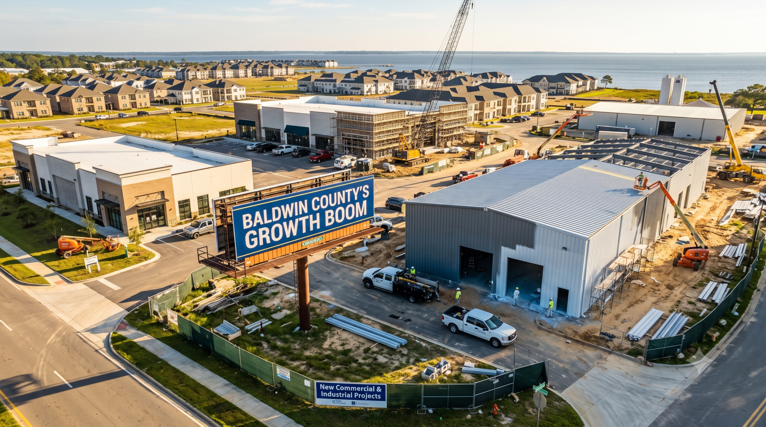 An aerial drone view of an active commercial and industrial construction site near the coast in Baldwin County, Alabama. The scene features a newly built metal industrial warehouse, a retail strip, construction cranes, and a large billboard reading "Baldwin County's Growth Boom."